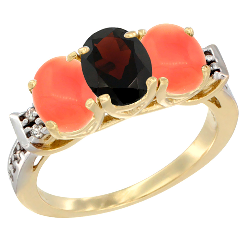 14K Yellow Gold Natural Garnet &amp; Coral Ring 3-Stone 7x5 mm Oval Diamond Accent, sizes 5 - 10