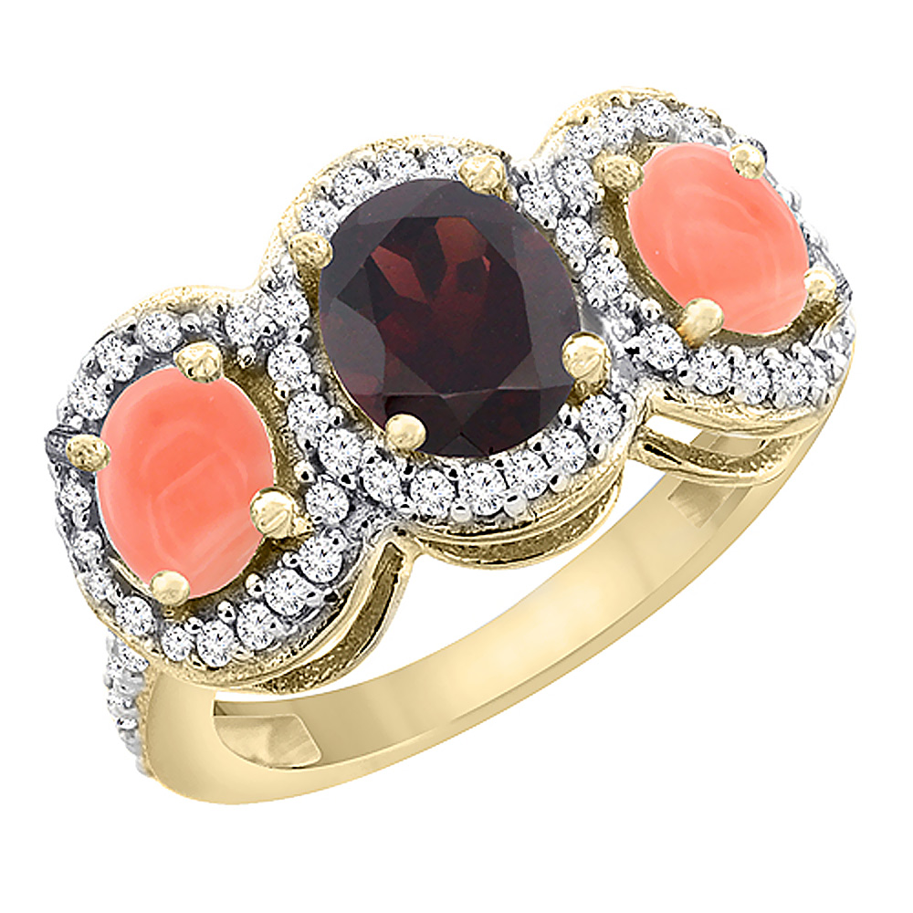 14K Yellow Gold Natural Garnet & Coral 3-Stone Ring Oval Diamond Accent, sizes 5 - 10