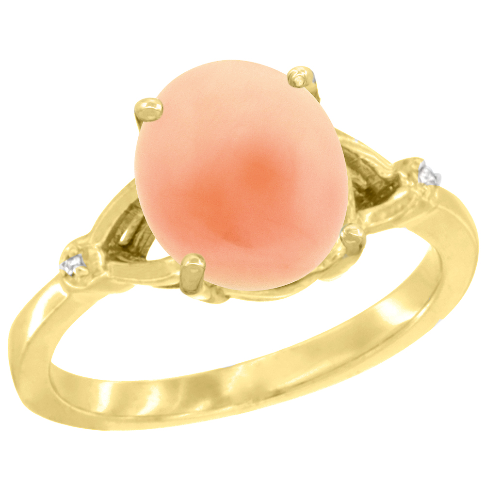 14K YELLOW GOLD SIMPLE LARGE 4 PRONG 10X8MM OVAL CORAL ENGAGEMENT RING FOR WOMEN 3/8 INCH WIDE SIZES 6-10