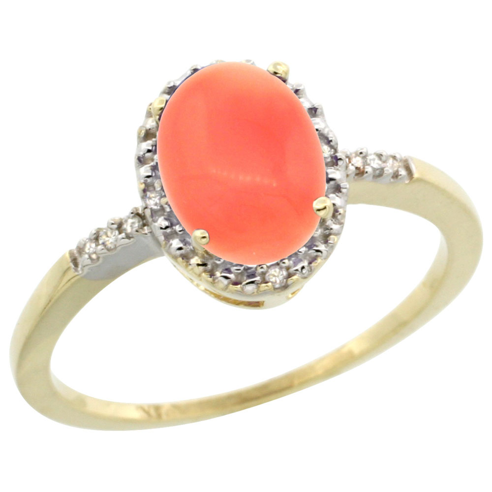14K Yellow Gold Diamond Natural Coral Ring Oval 8x6mm, sizes 5-10