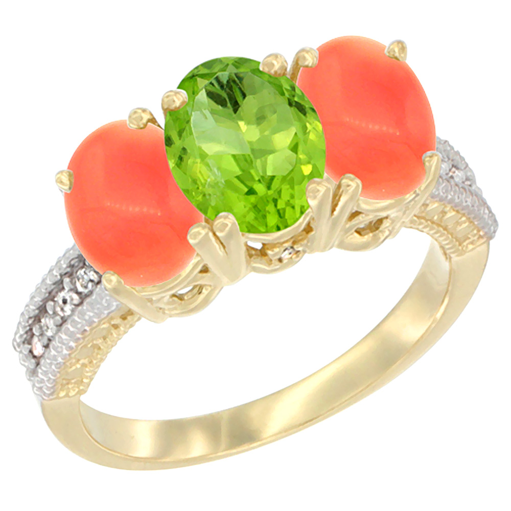 14K Yellow Gold Natural Peridot Ring with Coral 3-Stone 7x5 mm Oval Diamond Accent, sizes 5 - 10