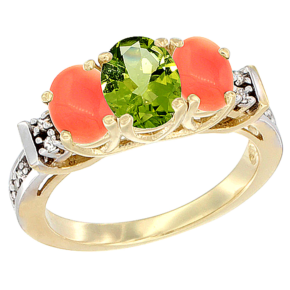 14K Yellow Gold Natural Peridot & Coral Ring 3-Stone Oval Diamond Accent