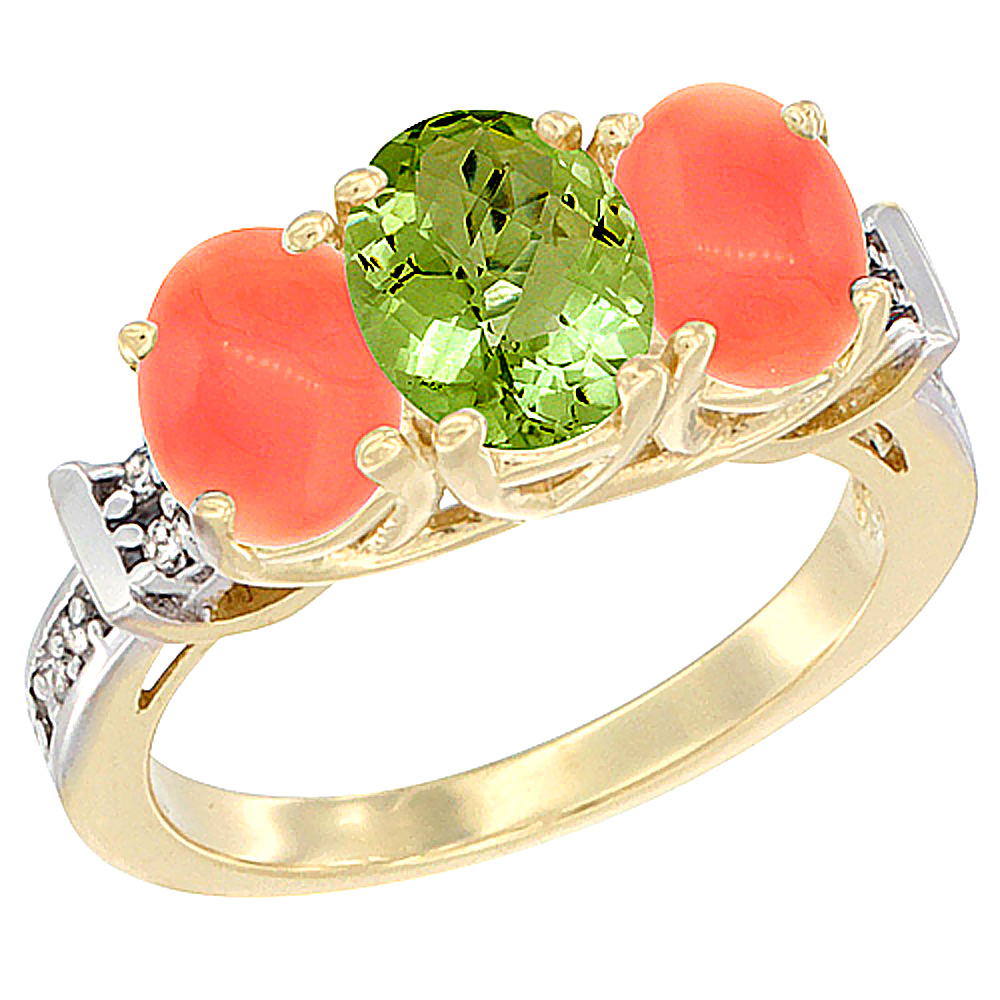 14K Yellow Gold Natural Peridot &amp; Coral Sides Ring 3-Stone Oval Diamond Accent, sizes 5 - 10