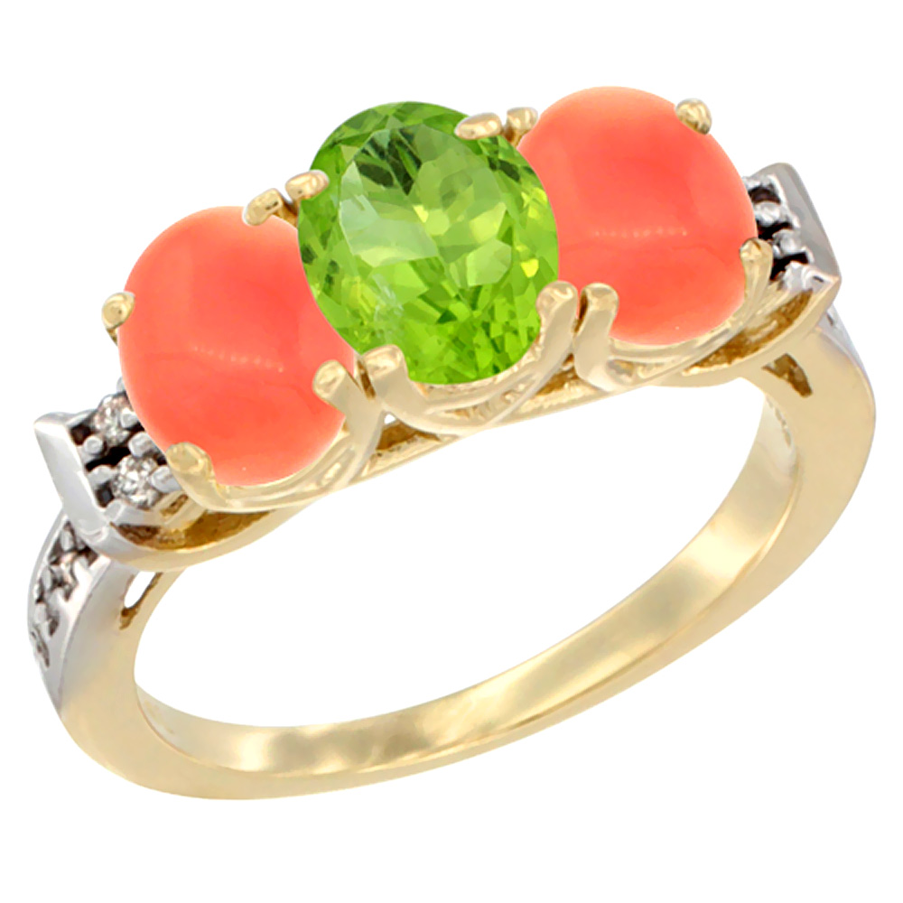 14K Yellow Gold Natural Peridot & Coral Ring 3-Stone 7x5 mm Oval Diamond Accent, sizes 5 - 10
