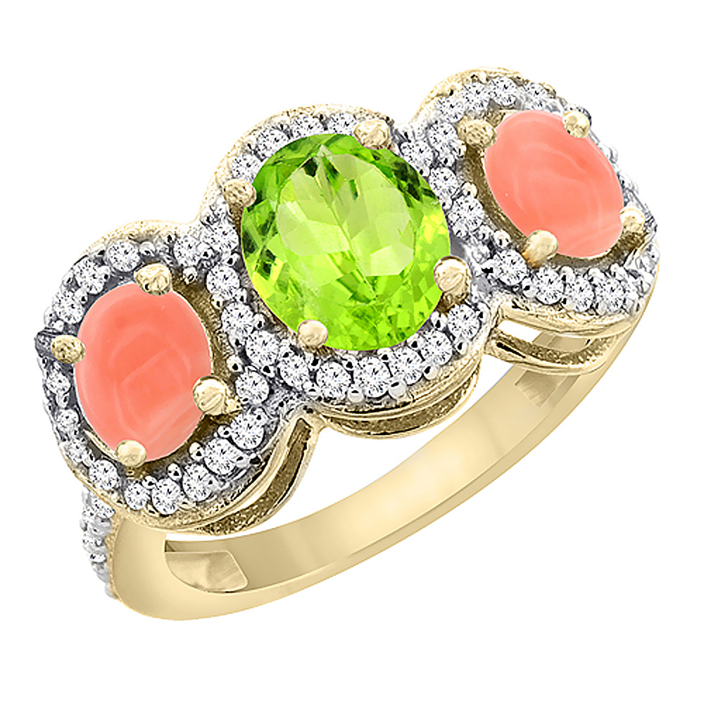14K Yellow Gold Natural Peridot & Coral 3-Stone Ring Oval Diamond Accent, sizes 5 - 10