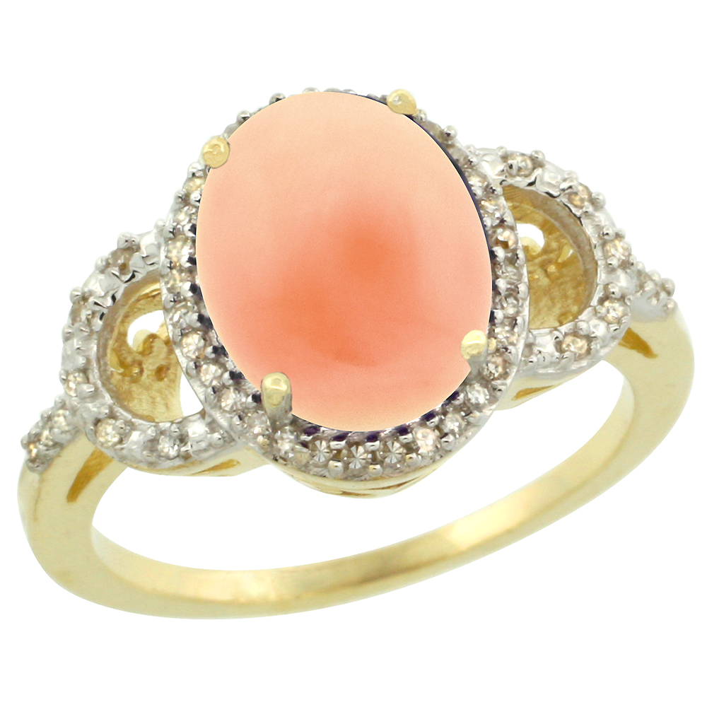 14K Yellow Gold Diamond Natural Coral Engagement Ring Oval 10x8mm, sizes 5-10