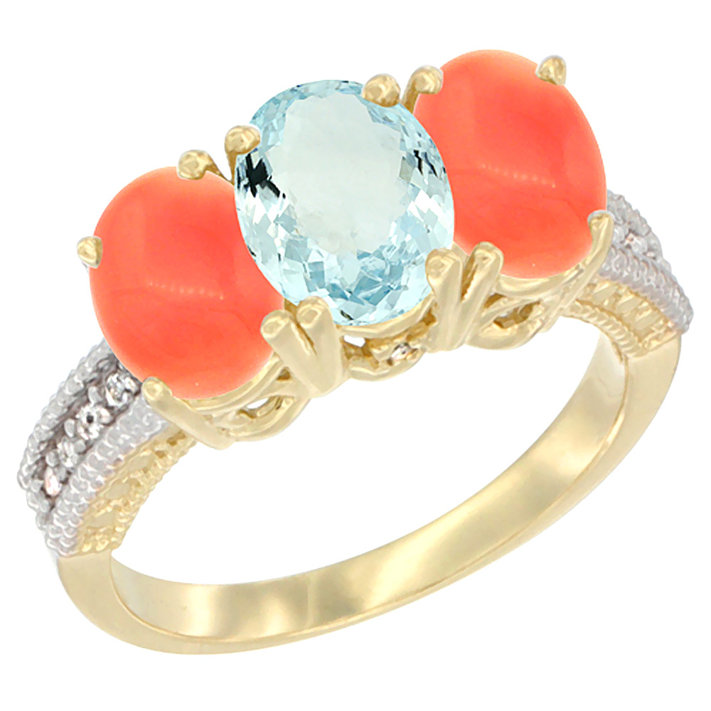 14K Yellow Gold Natural Aquamarine Ring with Coral 3-Stone 7x5 mm Oval Diamond Accent, sizes 5 - 10