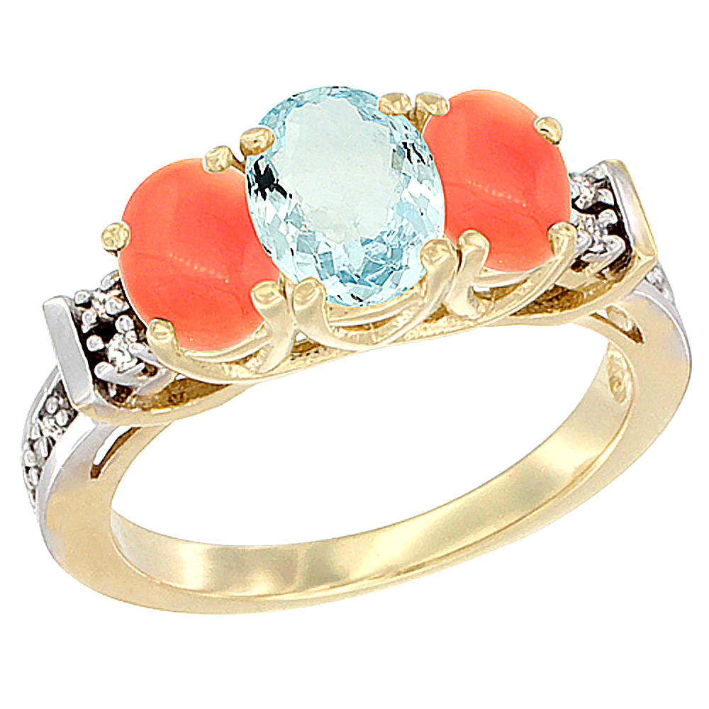 14K Yellow Gold Natural Aquamarine &amp; Coral Ring 3-Stone Oval Diamond Accent