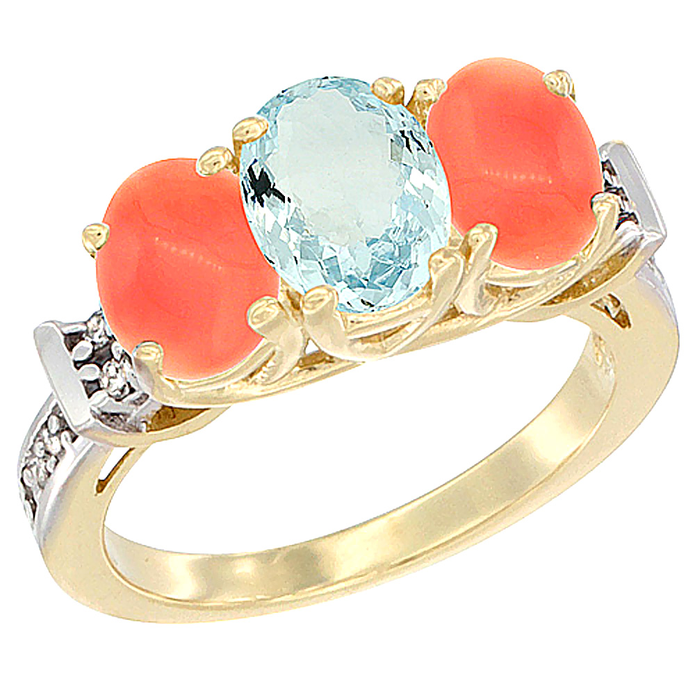 10K Yellow Gold Natural Aquamarine & Coral Sides Ring 3-Stone Oval Diamond Accent, sizes 5 - 10