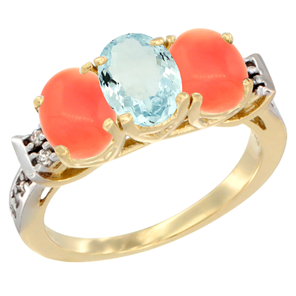 10K Yellow Gold Natural Aquamarine & Coral Sides Ring 3-Stone Oval 7x5 mm Diamond Accent, sizes 5 - 10