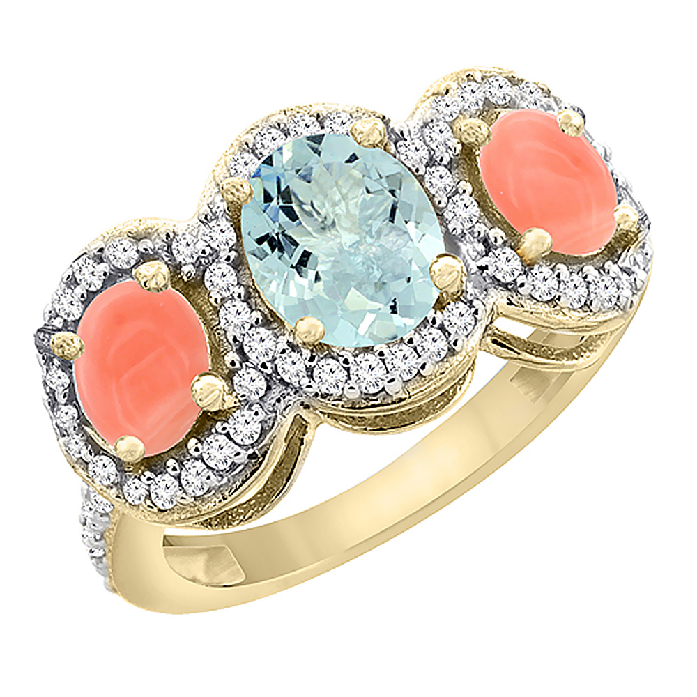 14K Yellow Gold Natural Aquamarine & Coral 3-Stone Ring Oval Diamond Accent, sizes 5 - 10