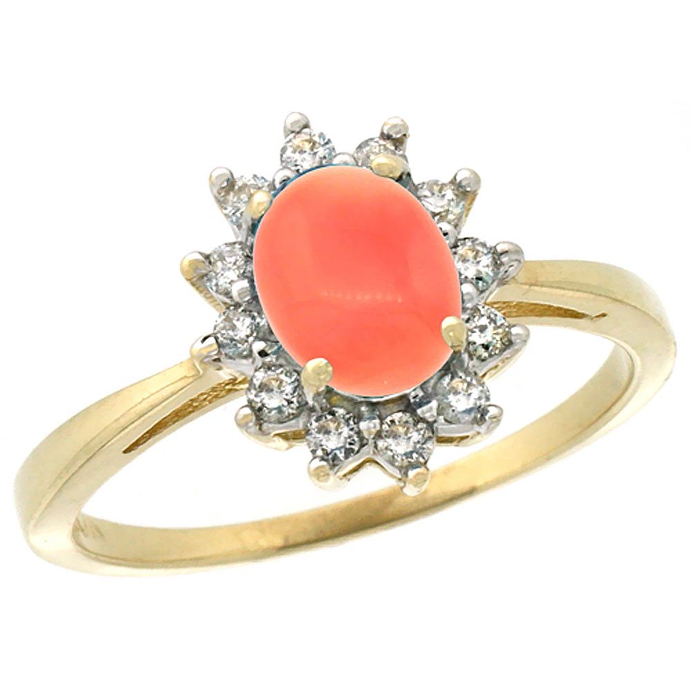 10k Yellow Gold Natural Coral Engagement Ring Oval 7x5mm Diamond Halo, sizes 5-10