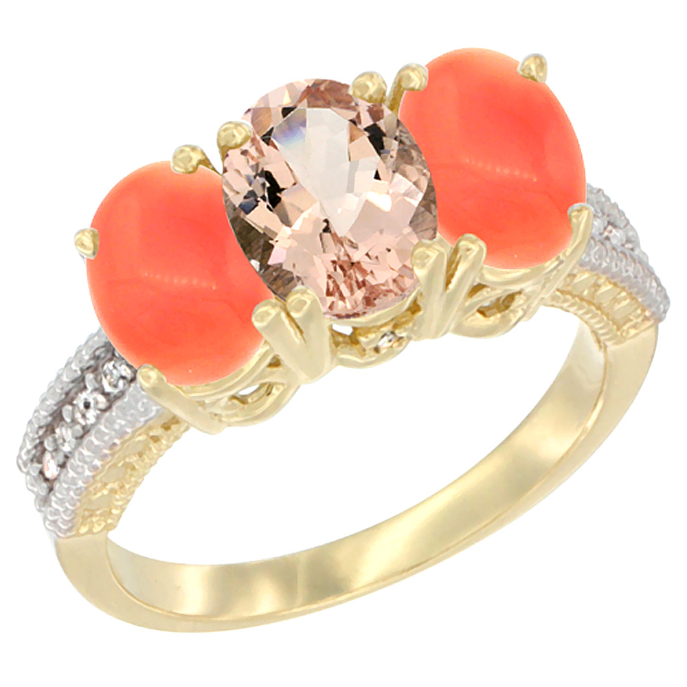 14K Yellow Gold Natural Morganite Ring with Coral 3-Stone 7x5 mm Oval Diamond Accent, sizes 5 - 10