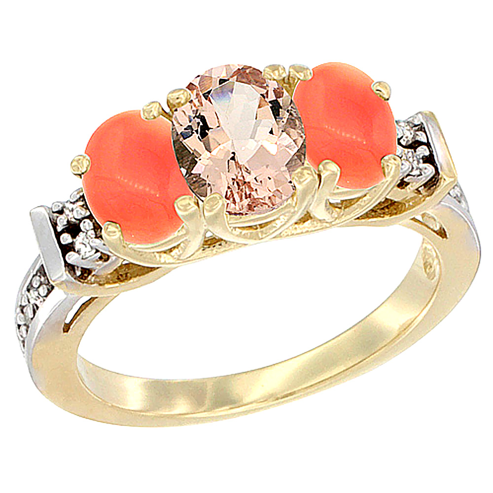 10K Yellow Gold Natural Morganite & Coral Ring 3-Stone Oval Diamond Accent