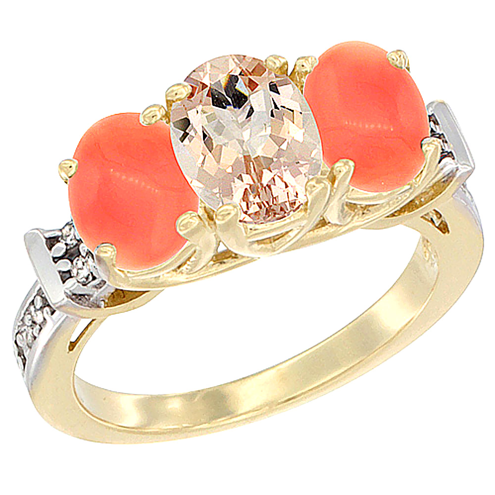 14K Yellow Gold Natural Morganite &amp; Coral Sides Ring 3-Stone Oval Diamond Accent, sizes 5 - 10