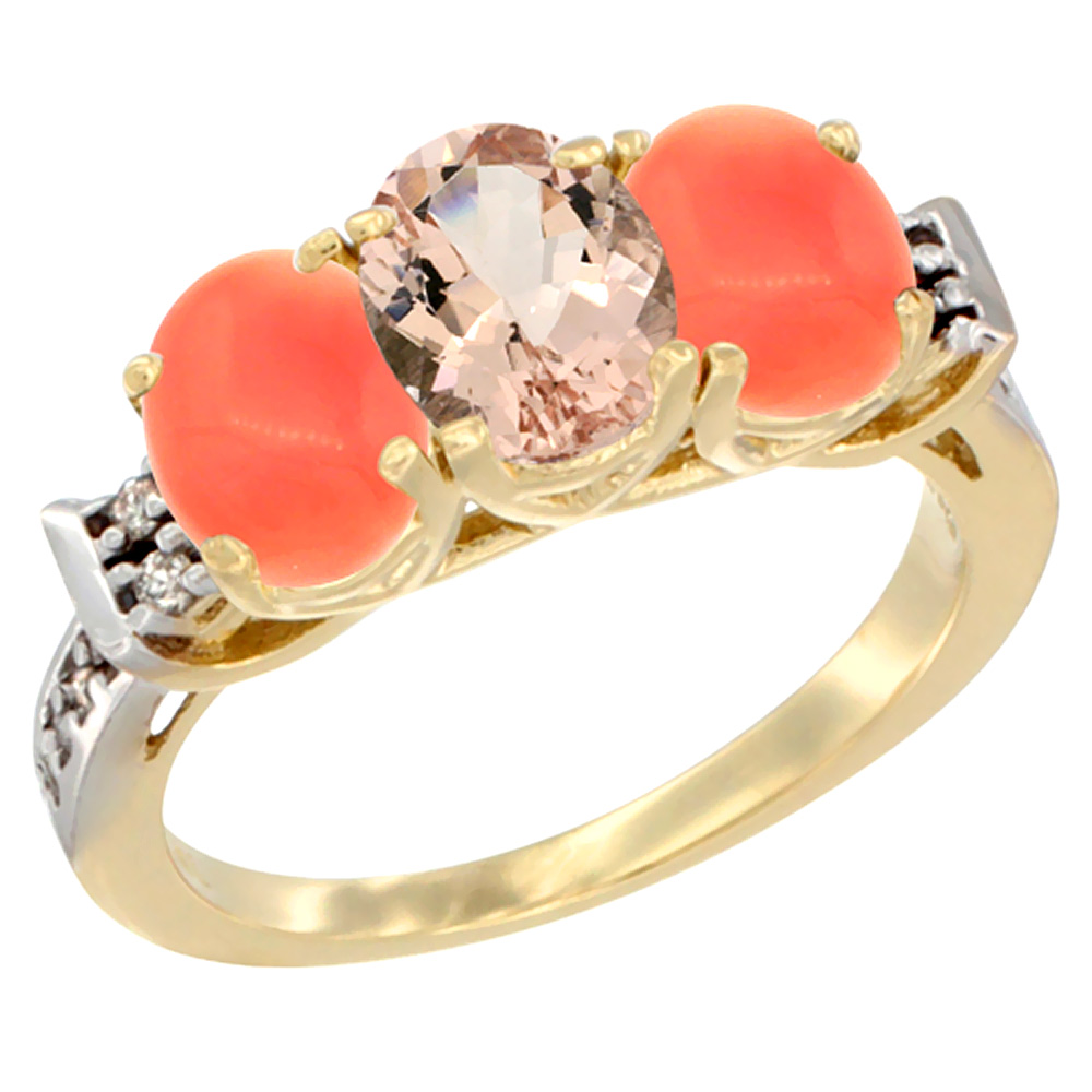 10K Yellow Gold Natural Morganite &amp; Coral Sides Ring 3-Stone Oval 7x5 mm Diamond Accent, sizes 5 - 10