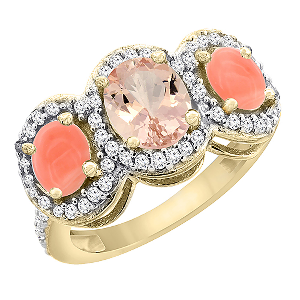 14K Yellow Gold Natural Morganite &amp; Coral 3-Stone Ring Oval Diamond Accent, sizes 5 - 10
