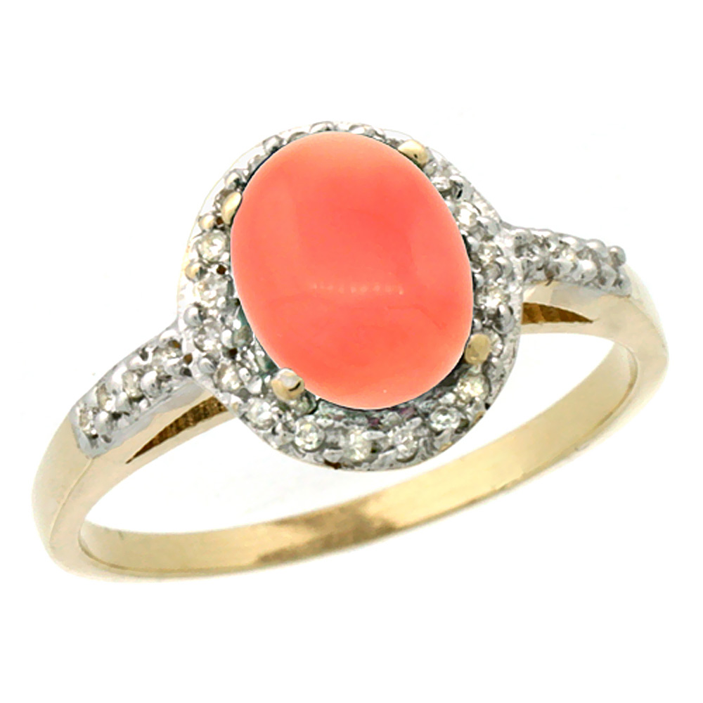14K Yellow Gold Diamond Natural Coral Ring Oval 8x6mm, sizes 5-10