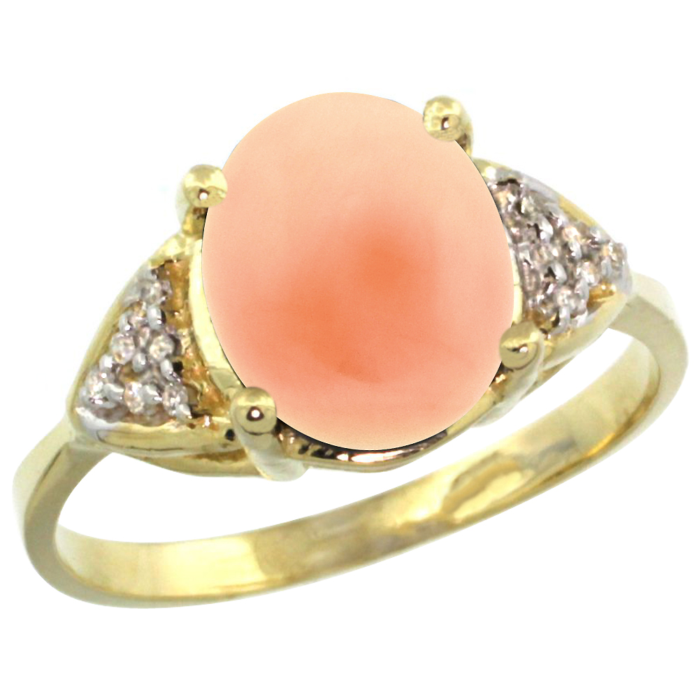 14k Yellow Gold Diamond Natural Coral Engagement Ring Oval 10x8mm, sizes 5-10