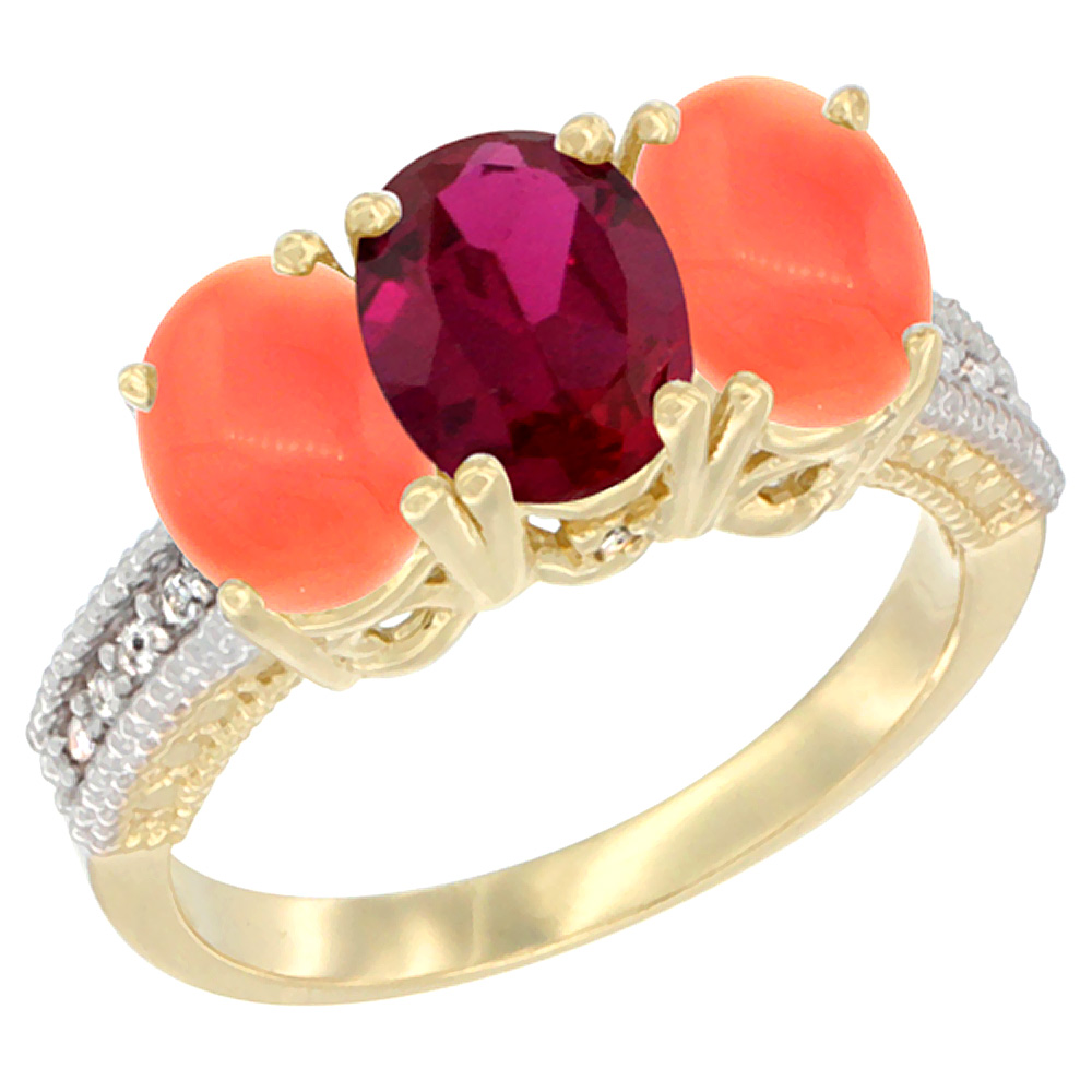 10K Yellow Gold Diamond Enhanced Ruby & Natural Coral Ring 3-Stone 7x5 mm Oval, sizes 5 - 10