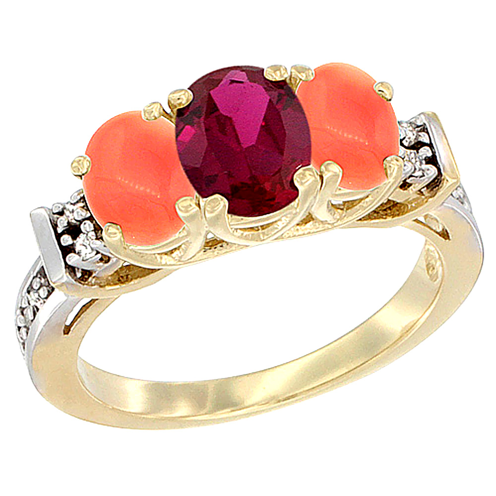 14K Yellow Gold Enhanced Ruby &amp; Natural Coral Ring 3-Stone Oval Diamond Accent