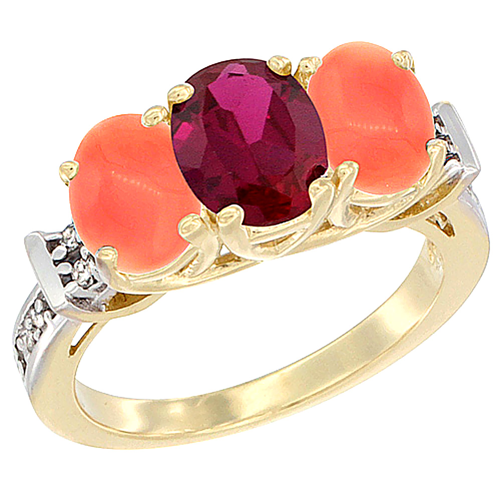 10K Yellow Gold Enhanced Ruby &amp; Coral Sides Ring 3-Stone Oval Diamond Accent, sizes 5 - 10