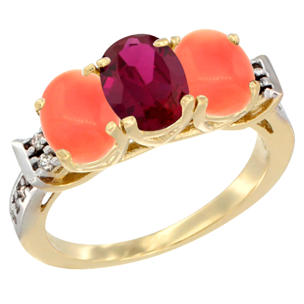 10K Yellow Gold Enhanced Ruby & Natural Coral Sides Ring 3-Stone Oval 7x5 mm Diamond Accent, sizes 5 - 10