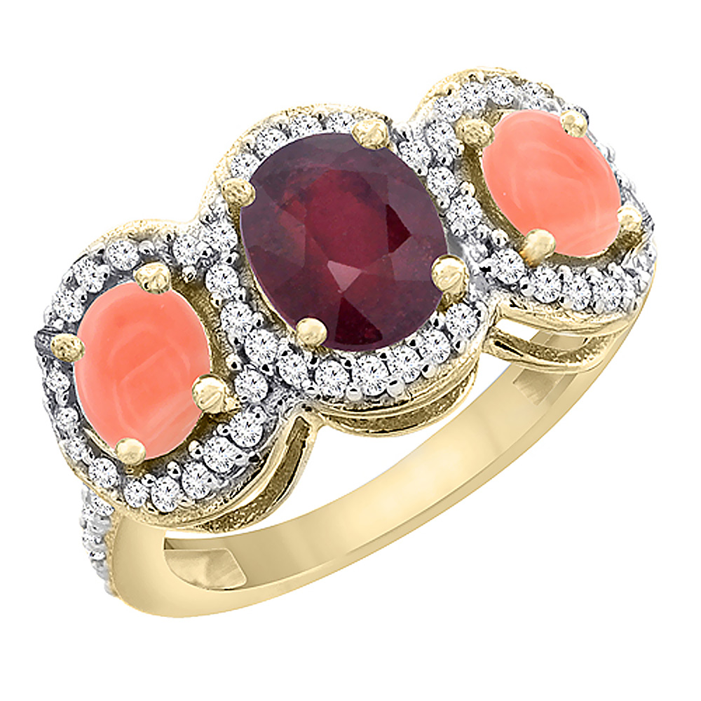 14K Yellow Gold Enhanced Ruby & Coral 3-Stone Ring Oval Diamond Accent, sizes 5 - 10
