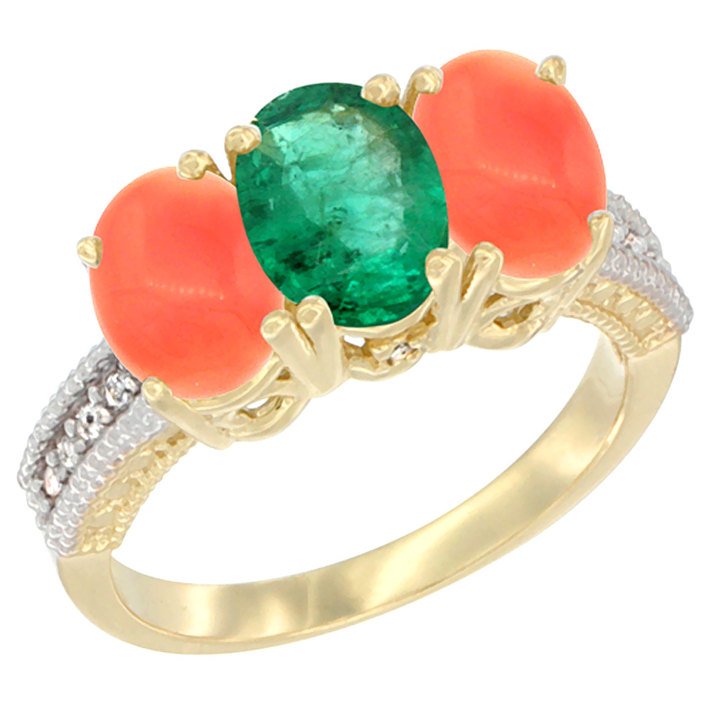 14K Yellow Gold Natural Emerald Ring with Coral 3-Stone 7x5 mm Oval Diamond Accent, sizes 5 - 10