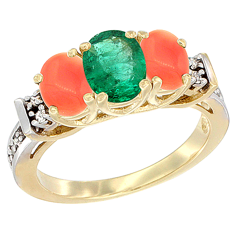 14K Yellow Gold Natural Emerald & Coral Ring 3-Stone Oval Diamond Accent