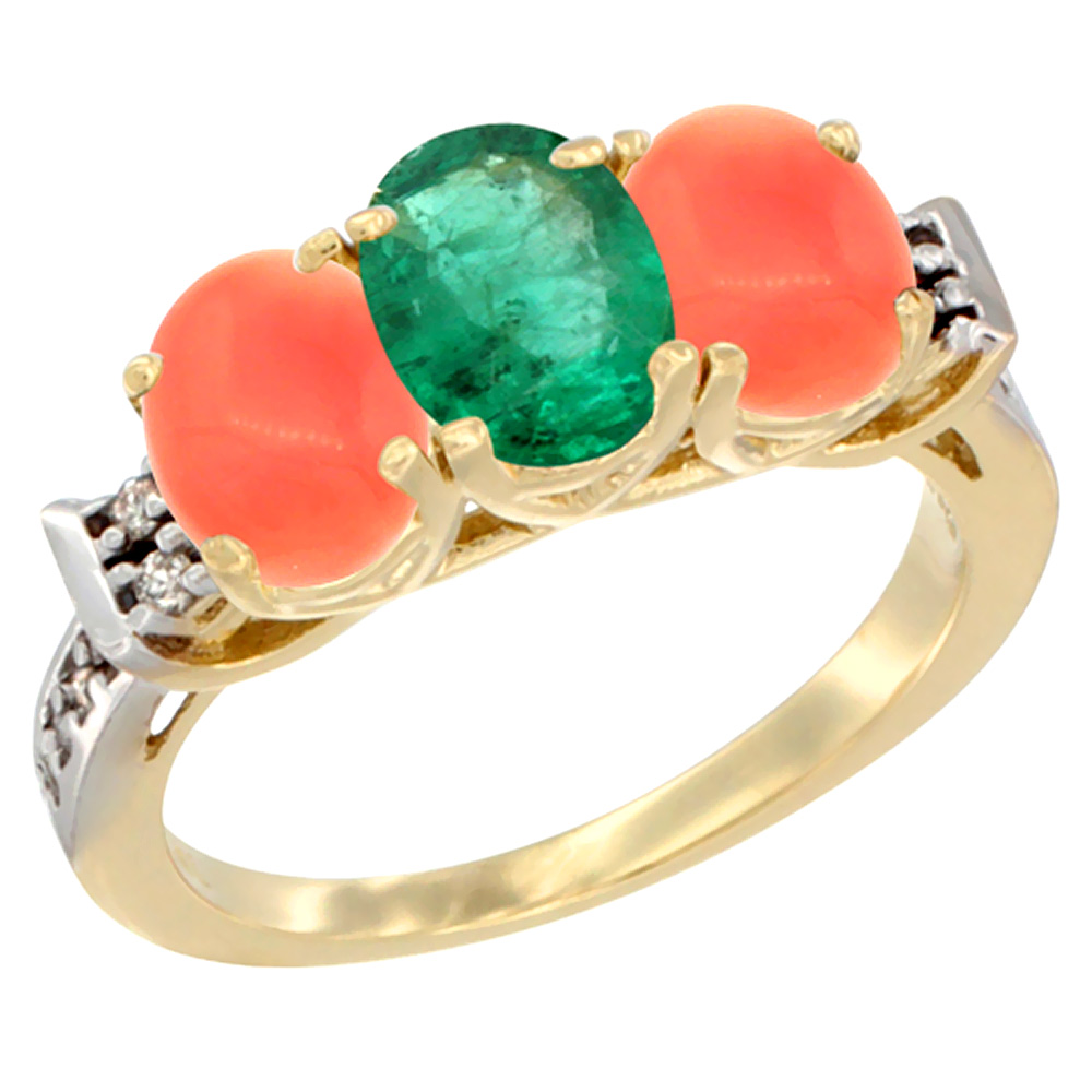 14K Yellow Gold Natural Emerald &amp; Coral Ring 3-Stone 7x5 mm Oval Diamond Accent, sizes 5 - 10