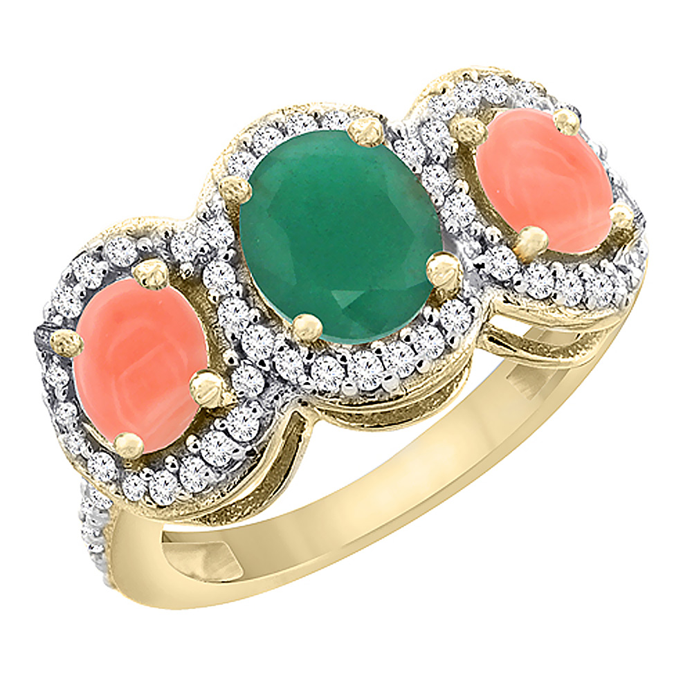 14K Yellow Gold Natural Cabochon Emerald &amp; Coral 3-Stone Ring Oval Diamond Accent, sizes 5 - 10