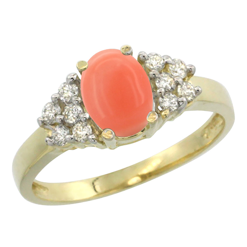 14K Yellow Gold Natural Coral Ring Oval 8x6mm Diamond Accent, sizes 5-10