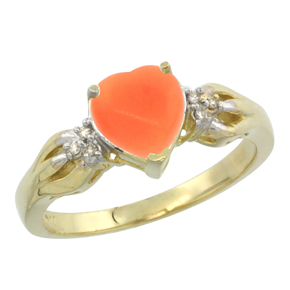 14K Yellow Gold Natural Coral Ring Heart-shape 7x7mm Diamond Accent, sizes 5-10