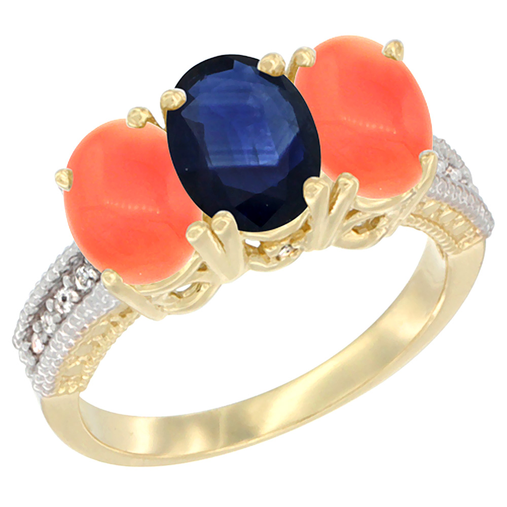 10K Yellow Gold Diamond Natural Blue Sapphire &amp; Coral Ring 3-Stone 7x5 mm Oval, sizes 5 - 10