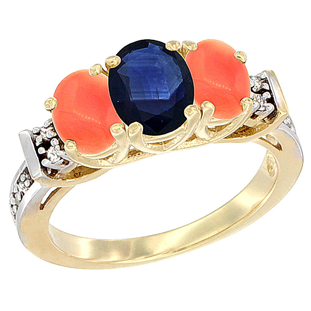 14K Yellow Gold Natural Blue Sapphire &amp; Coral Ring 3-Stone Oval Diamond Accent