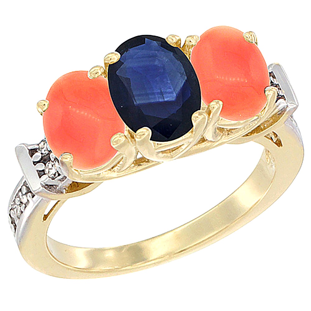 14K Yellow Gold Natural Blue Sapphire &amp; Coral Sides Ring 3-Stone Oval Diamond Accent, sizes 5 - 10