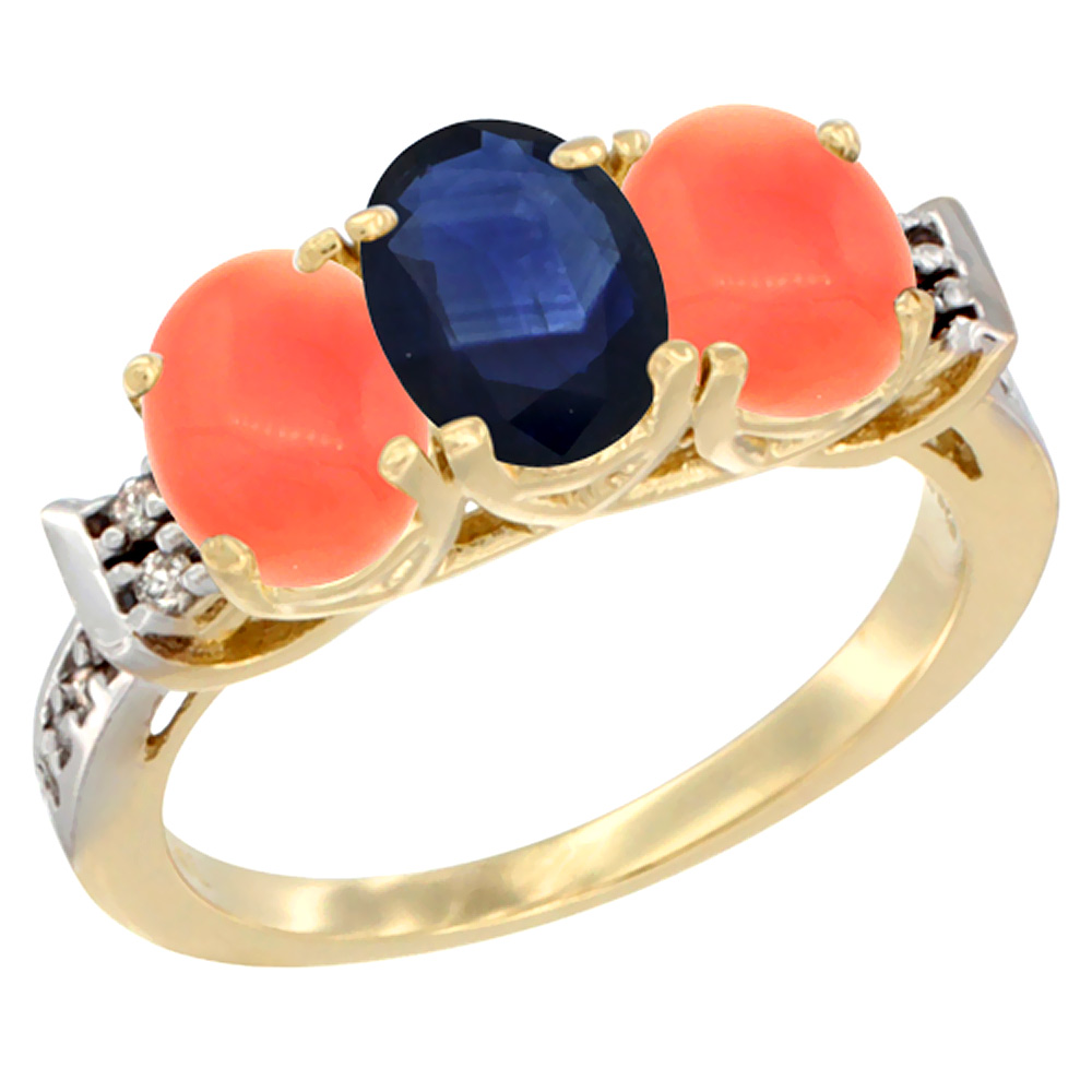 10K Yellow Gold Natural Blue Sapphire & Coral Sides Ring 3-Stone Oval 7x5 mm Diamond Accent, sizes 5 - 10