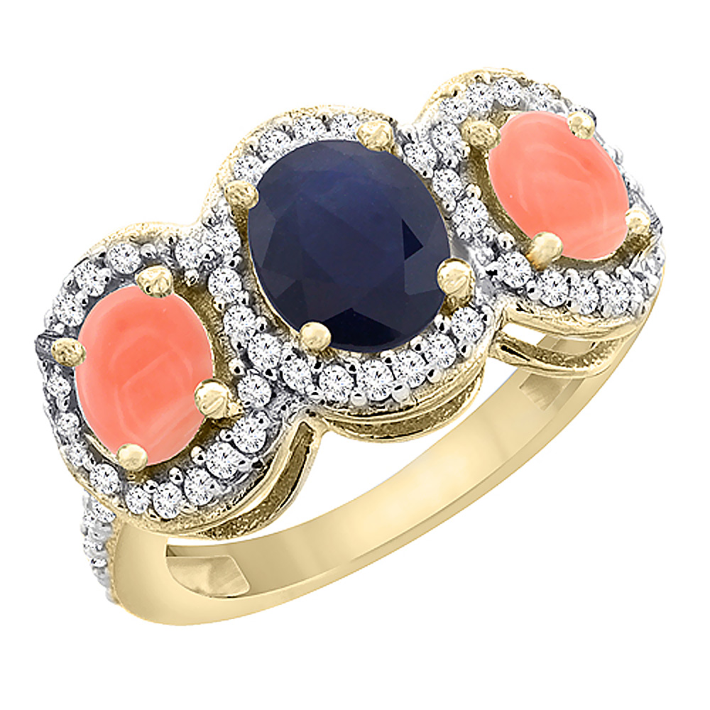 14K Yellow Gold Natural Blue Sapphire &amp; Coral 3-Stone Ring Oval Diamond Accent, sizes 5 - 10