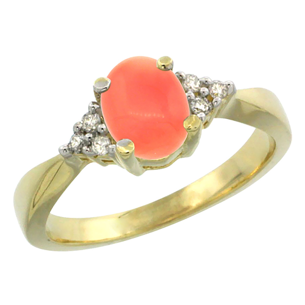 14K Yellow Gold Diamond Natural Coral Engagement Ring Oval 7x5mm, sizes 5-10