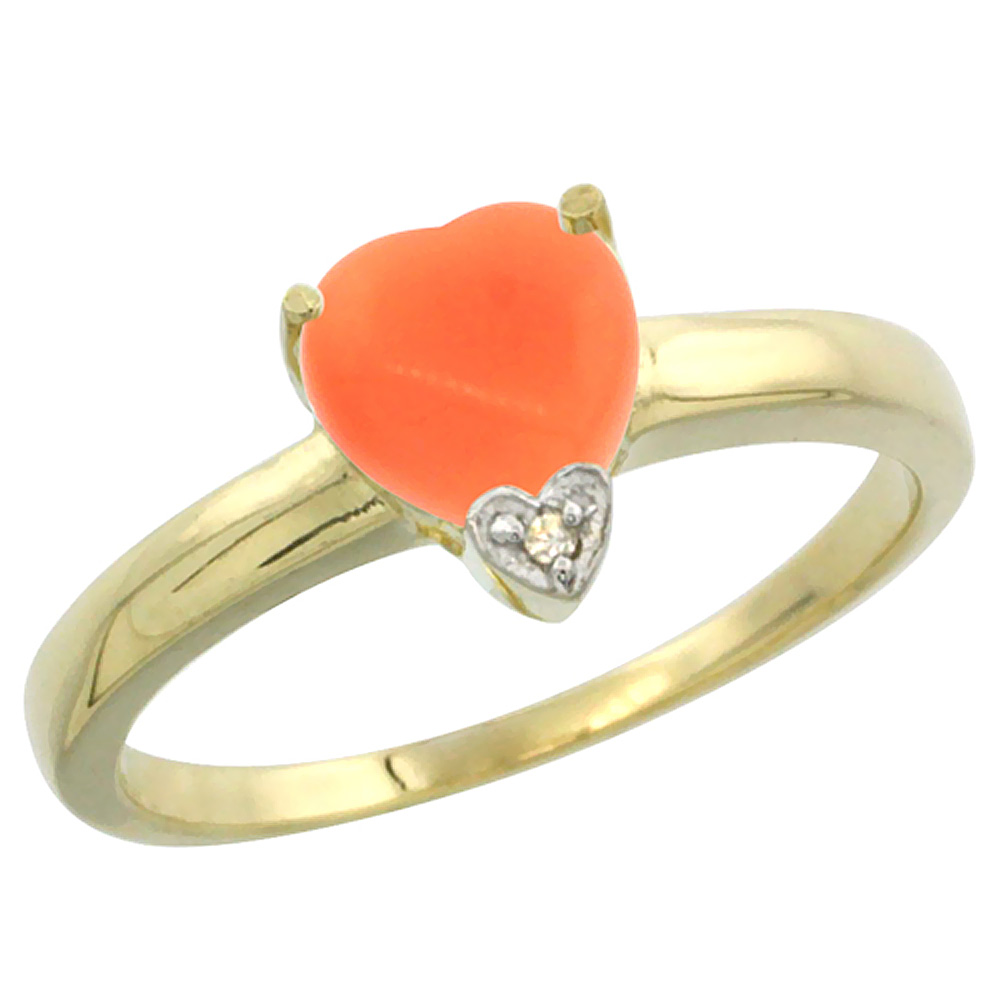 10K Yellow Gold Natural Coral Heart 7x7mm Diamond Accent, sizes 5-10