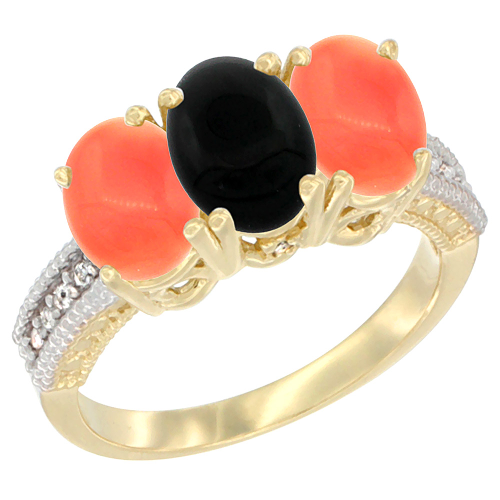 14K Yellow Gold Natural Black Onyx Ring with Coral 3-Stone 7x5 mm Oval Diamond Accent, sizes 5 - 10
