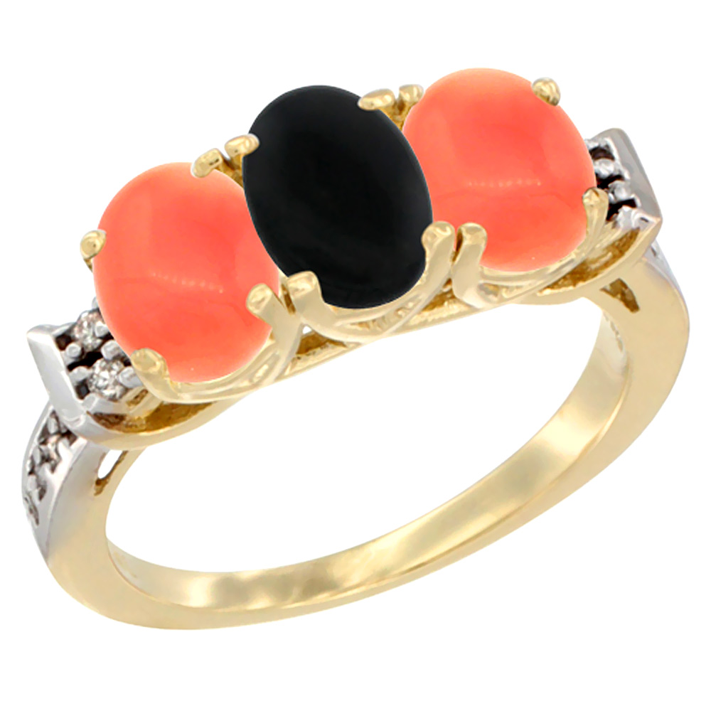 14K Yellow Gold Natural Black Onyx &amp; Coral Ring 3-Stone 7x5 mm Oval Diamond Accent, sizes 5 - 10