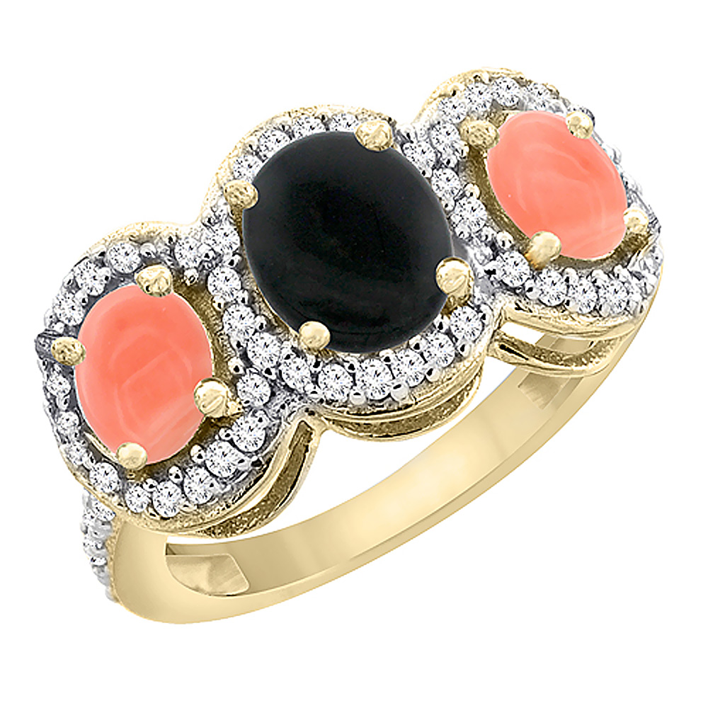 10K Yellow Gold Natural Black Onyx & Coral 3-Stone Ring Oval Diamond Accent, sizes 5 - 10