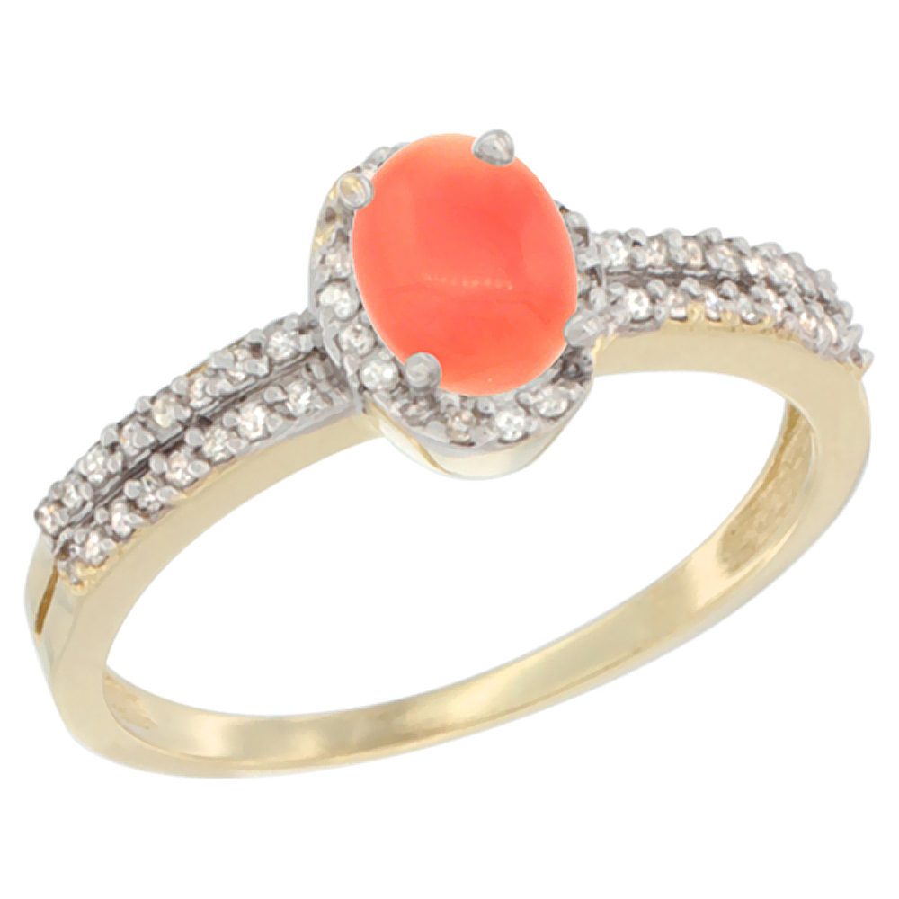 14K Yellow Gold Natural Coral Ring Oval 6x4mm Diamond Accent, sizes 5-10
