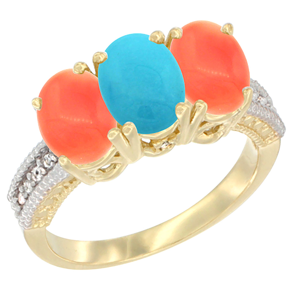 14K Yellow Gold Natural Turquoise Ring with Coral 3-Stone 7x5 mm Oval Diamond Accent, sizes 5 - 10