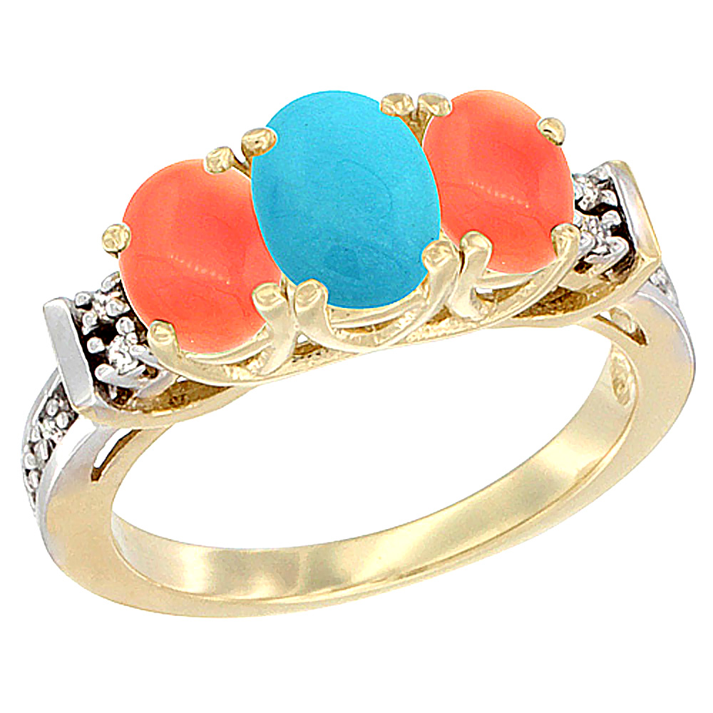 10K Yellow Gold Natural Turquoise & Coral Ring 3-Stone Oval Diamond Accent