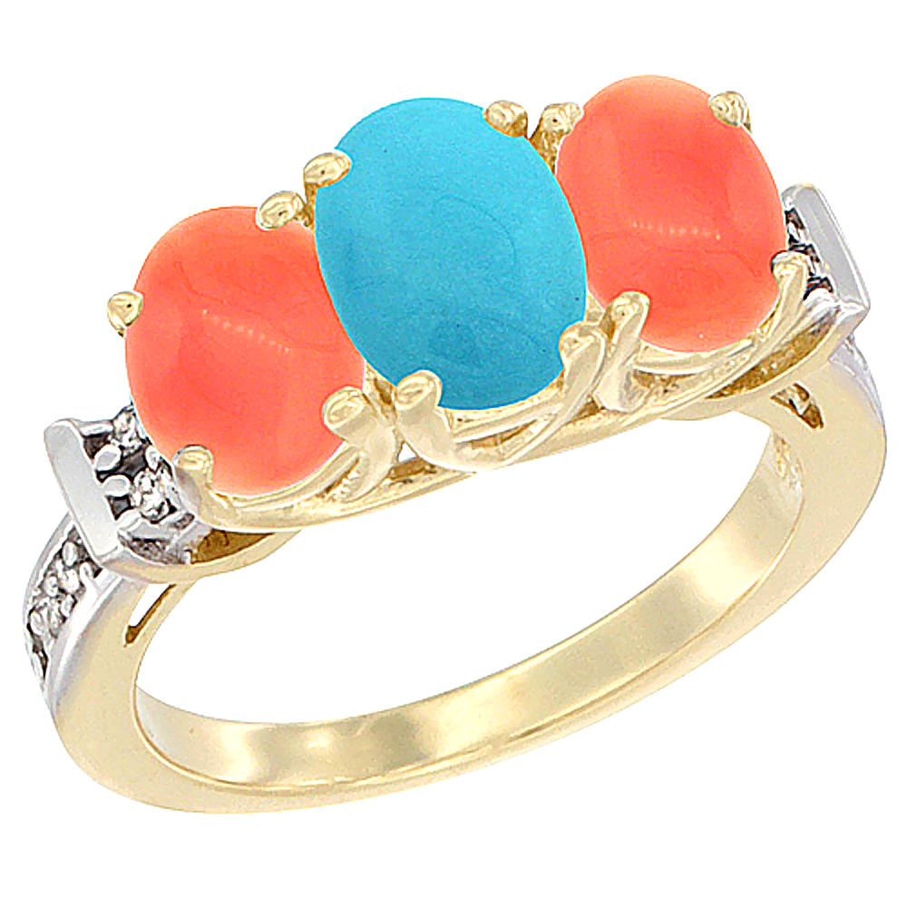 10K Yellow Gold Natural Turquoise & Coral Sides Ring 3-Stone Oval Diamond Accent, sizes 5 - 10