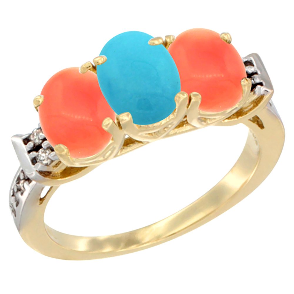 10K Yellow Gold Natural Turquoise & Coral Sides Ring 3-Stone Oval 7x5 mm Diamond Accent, sizes 5 - 10