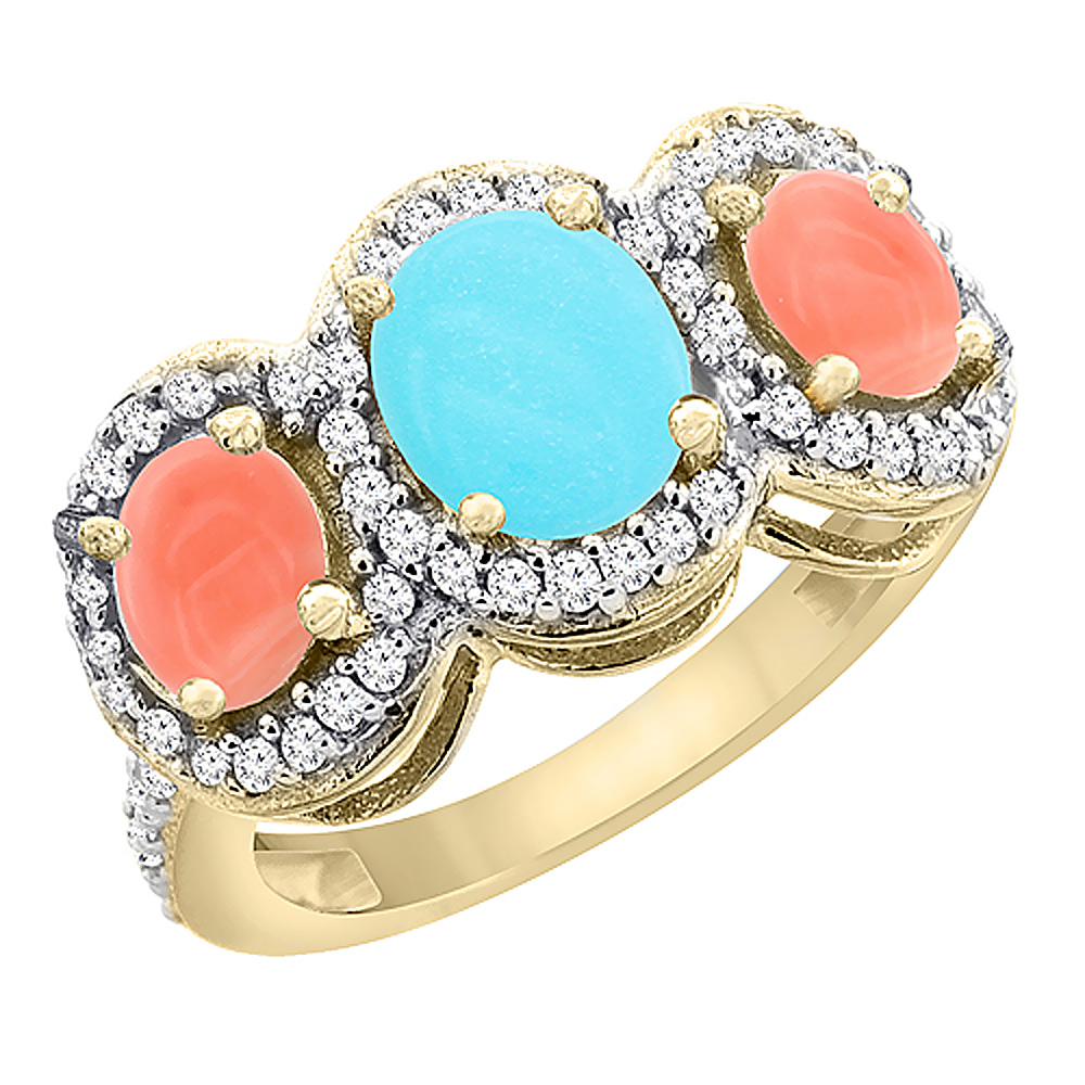 10K Yellow Gold Natural Turquoise &amp; Coral 3-Stone Ring Oval Diamond Accent, sizes 5 - 10